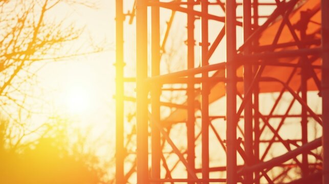 Twisted metal scaffolding forms the skeletal structure against a bright orange sunlit sky - Powered by Adobe