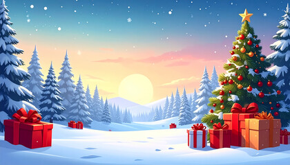 Festive winter wonderland scene with decorated Christmas tree, gifts, and snowy landscape evokes holiday joy and warmth, perfect for seasonal greetings