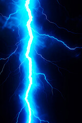 Vibrant electric blue lightning bolt crackling across a dark night sky with branching energy