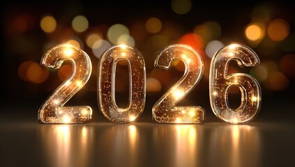 Shimmering golden 2026 numerals radiate celebratory light for future goals and new year's excitement, promising prosperity and success, ideal for banners