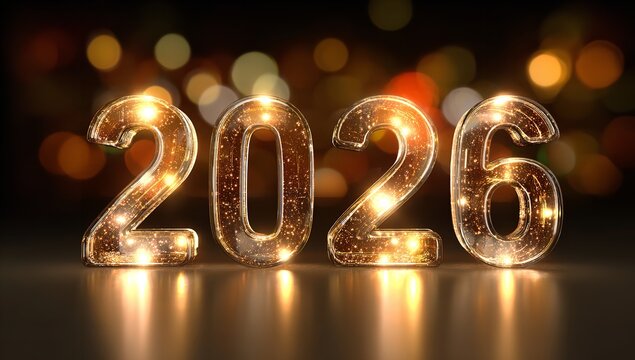 Shimmering golden 2026 numerals radiate celebratory light for future goals and new year's excitement, promising prosperity and success, ideal for banners