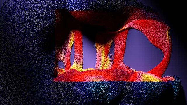 3d render of abstract art video animation with purple surface field with purple dark particles small spheres balls emission in shape of number 01 in red yellow and dark purple mix color