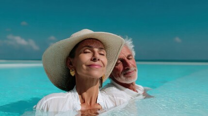 Man and a woman in a swimming pool. the woman is wearing a large straw hat and a white blouse, and she is smiling with her eyes closed. the man is also smiling and looking at the woman.