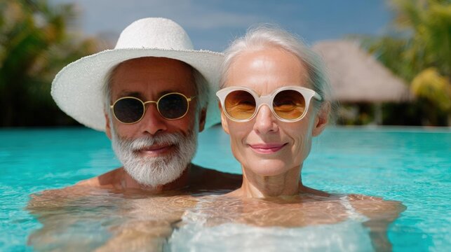 Elderly couple in a swimming pool. the man is on the left side of the image, wearing a white hat and sunglasses. he has a white beard and is smiling at the camera.