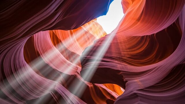 Sunlight beams illuminate the stunning sandstone walls of Antelope Canyon, creating a mesmerizing natural light show.
