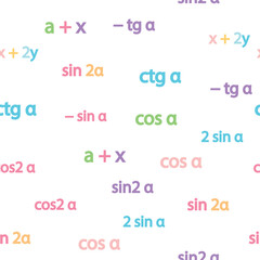 Seamless pattern with mathematical formulas and numbers. Algebra and geometry, calculations tangent, cotangent, sine, cosine