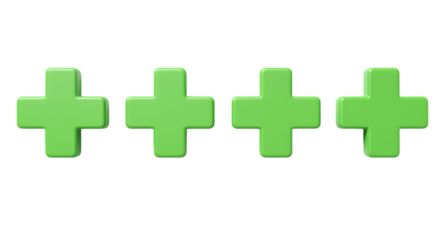 Four Green 3D Plus Symbols render isolated on a transparent background