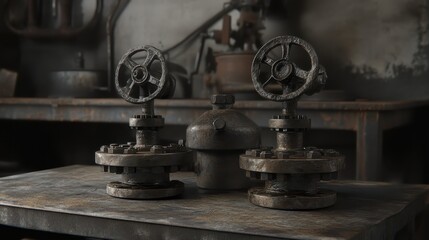 Two old industrial valve components with metal wheel