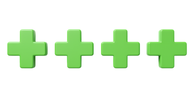 Four Green 3D Plus Symbols render isolated on a transparent background