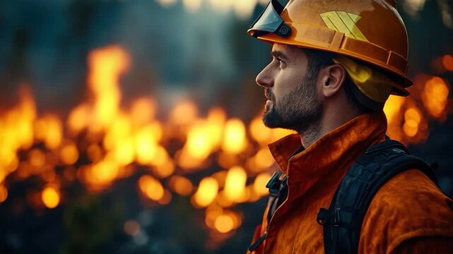 A person in a hard hat stands beside a blaze, possibly on a construction site or during a rescue effort
