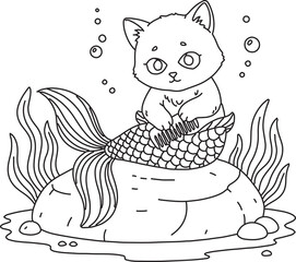 a shy mermaid kitten sitting on a rock, brushing its long tail hand hand-drawn vector coloring page