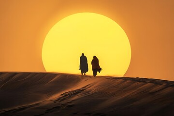Two figures silhouetted against a vast glowing desert sun standing atop a sand dune during a breathtaking sunset