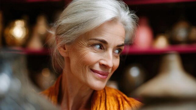 Close-up portrait of a middle-aged woman with white hair. she is looking off to the side with a slight smile on her face.