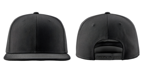 Dark gray/black adjustable snapback baseball cap, front and back views