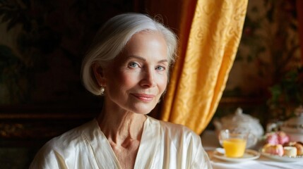 Portrait of an elderly woman with white hair. she is sitting at a table with a plate of food and a glass of orange juice in front of her.