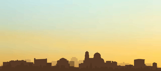 Panoramic poster of the city skyline with misty background buildings, hills sunrise, sunset and clouds of SOFIA, BULGARIA