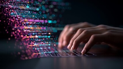 Hands typing code as data streams flow in a digital workspace - Powered by Adobe