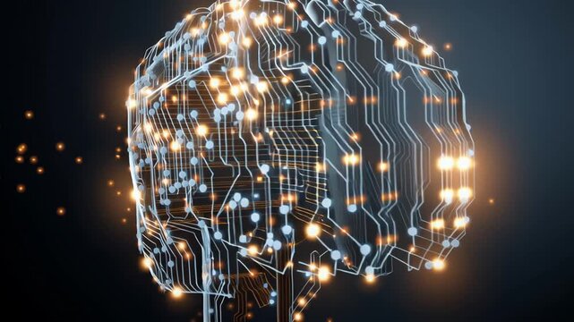 Exploration of a minimal AI brain with luminous circuits showcasing its intricate design and functionality in a dark environment