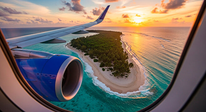 Island landscape view from plane window for the concept of travel.