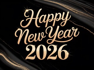 Elegant golden script text welcoming the year 2026 with a luxurious black and gold marble background design