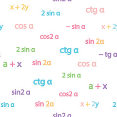 Seamless pattern with mathematical formulas and numbers. Algebra and geometry, calculations tangent, cotangent, sine, cosine