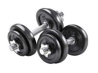 Naklejka premium Two black dumbbells, metal handles, and round weights, resting atop each other
