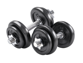 Two black dumbbells, metal handles, and round weights, resting atop each other