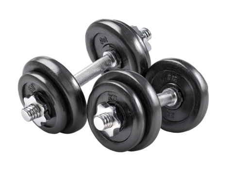 Two black dumbbells, metal handles, and round weights, resting atop each other