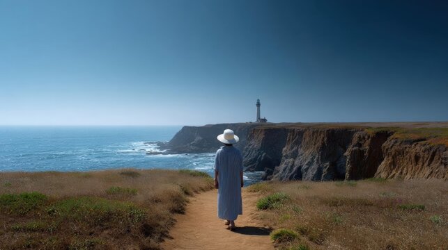 Person walking on a dirt path towards a lighthouse on a cliff overlooking the ocean. the person is wearing a long blue dress and a white hat, and is walking towards the lighthouse.