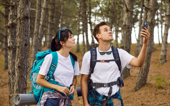 Lost hikers couple in forest with smartphone. He lifts the device seeking GPS, studying the map, backpacks on, worried about navigation with no connection. Concept: lost without phone signal.