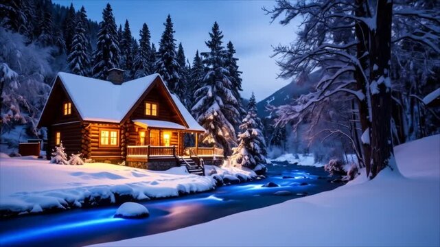 Cozy wooden cabin at dusk in winter forest with snow covered trees and river flowing