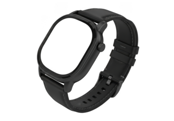 A sleek modern black smartwatch with a digital display and textured wristband isolated on transparent background