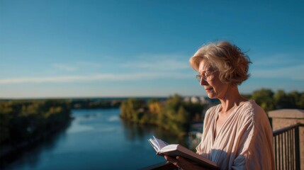Fototapeta premium Elderly woman standing on a balcony overlooking a river. she is holding a book in her hands and appears to be engrossed in it. the woman has short blonde hair and is wearing a white blouse.