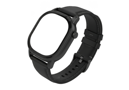 A sleek modern black smartwatch with a digital display and textured wristband isolated on transparent background - Powered by Adobe