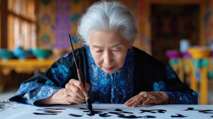 Fototapeta premium Elderly asian woman with white hair, wearing a blue and black traditional chinese dress, sitting at a table and writing on a piece of paper with a brush.
