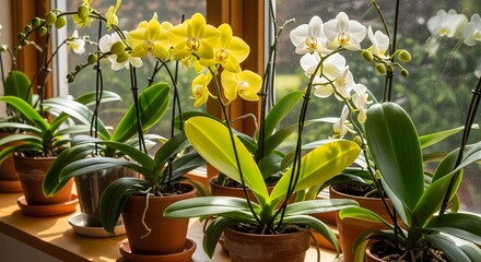 Beautiful orchids in pots on a windowsill basking in sunlight