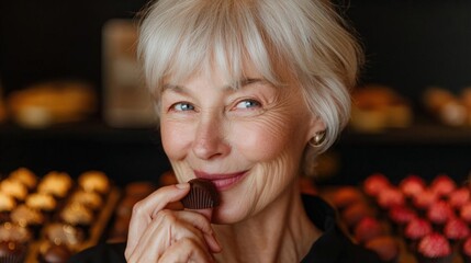 Close-up portrait of an elderly woman with short blonde hair and blue eyes. she is smiling and holding a chocolate truffle in her hand.
