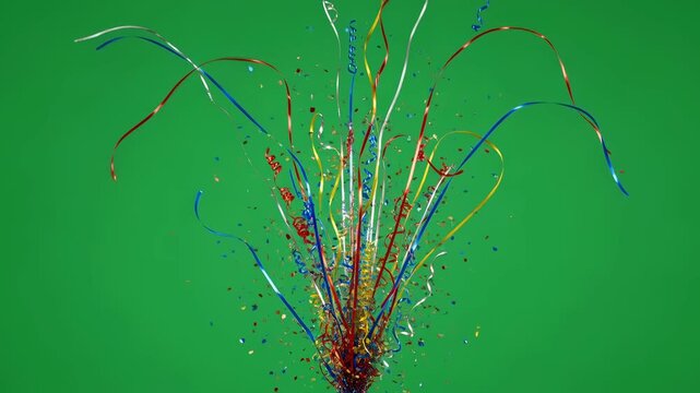 Colorful party cracker explosion on green screen. Festive celebration confetti burst effect for chroma key footage. Event clip.