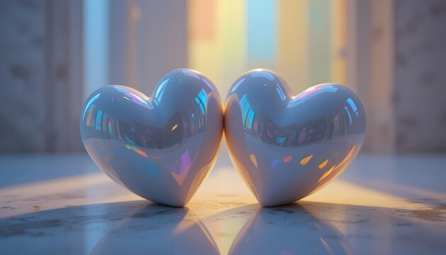 Close-up of two ceramic hearts touching, illuminated by rainbow light reflections. - Powered by Adobe