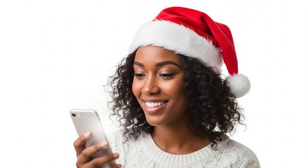 Joyful woman in a festive hat happily engaging with her mobile device, embodying modern holiday communication and seasonal cheer through digital connections