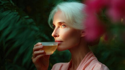 Portrait of a woman with short white hair. she is holding a small glass cup in her hand and is taking a sip from it.