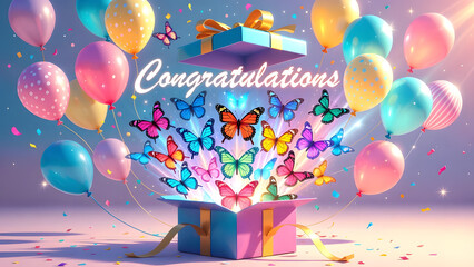 Colorful butterflies and balloons celebrating joyful achievements, spreading happiness, excitement, and heartfelt congratulations in vibrant style