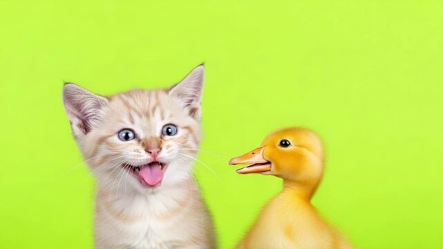 Playful orange kitten and yellow rubber duck on greenscreen background.