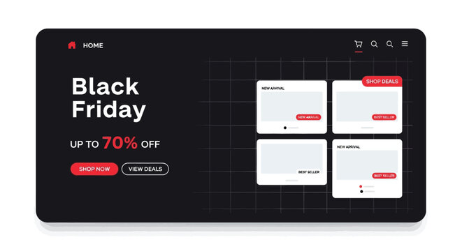 Black friday sale graphic with discount offer and product grid