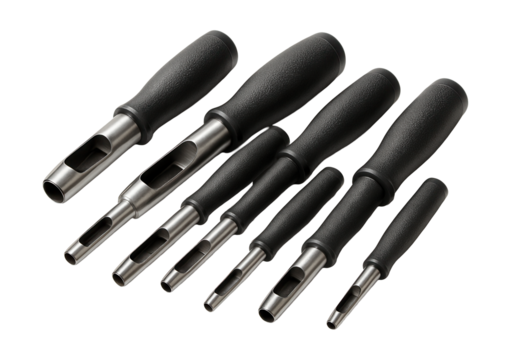 Gasket punch set with rubber handles in various sizes for automotive repairs.
