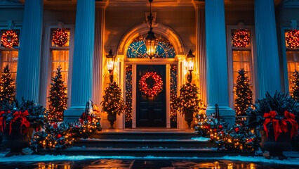 Obraz premium Elegant Holiday Decorations Adorn a Grand Entrance During Winter Evening Hours With Shining Lights and Festive Wreaths