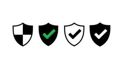 Set of four shield icons illustrating security, protection, and verification concepts with checkmarks, suitable for digital interface design and web applications