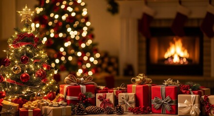 Cozy Christmas celebration with a sparkling tree, festive lights, and abundant presents near a warm fireplace. Ideal for holiday cheer and joyful seasonal gatherings
