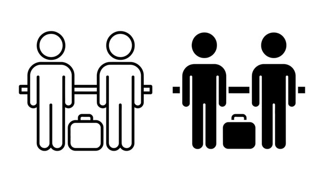 Minimalist vector icons of two passengers with luggage on a moving platform, depicting airport travel, baggage and efficient transport.
