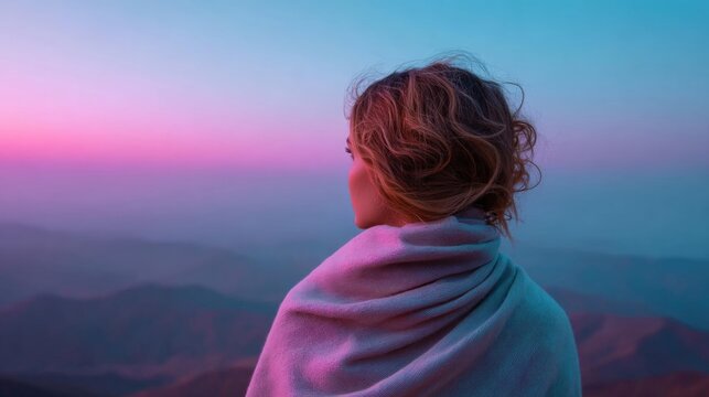 Young woman standing on top of a mountain, looking out at the vast landscape below. she is wearing a light blue shawl wrapped around her shoulders and her hair is styled in loose curls.
